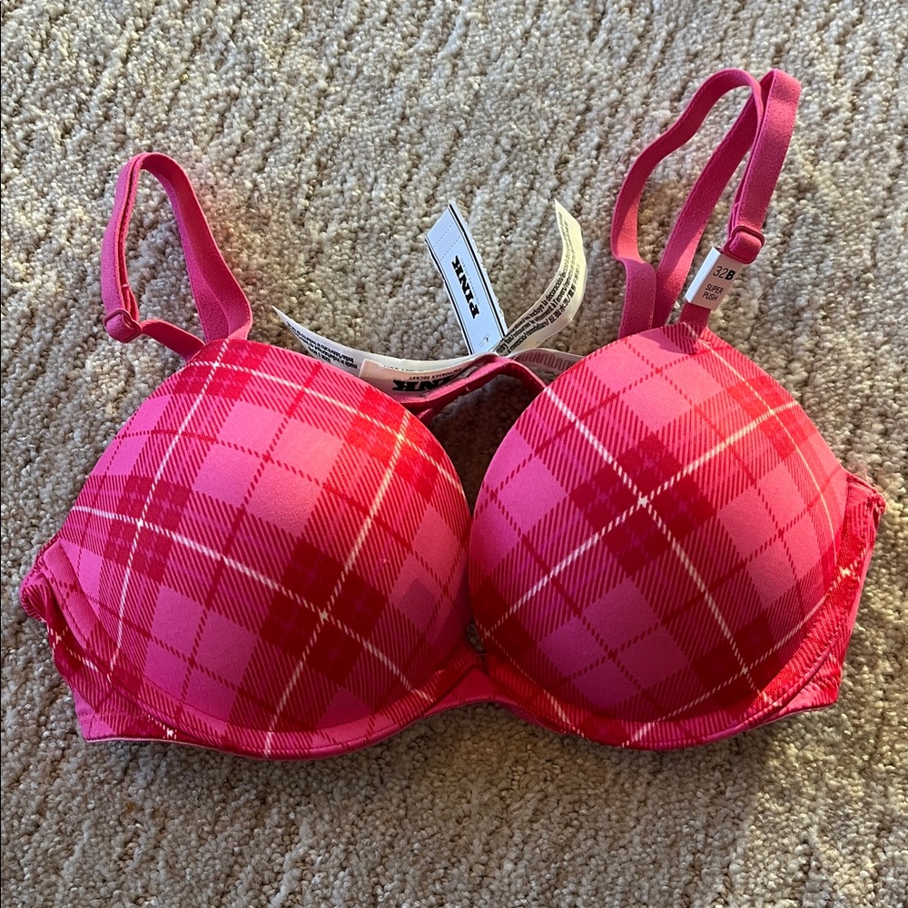 VICTORIA'S SECRET PINK Super Push-Up Bra VS Carmine Pink Red Plaid NWT